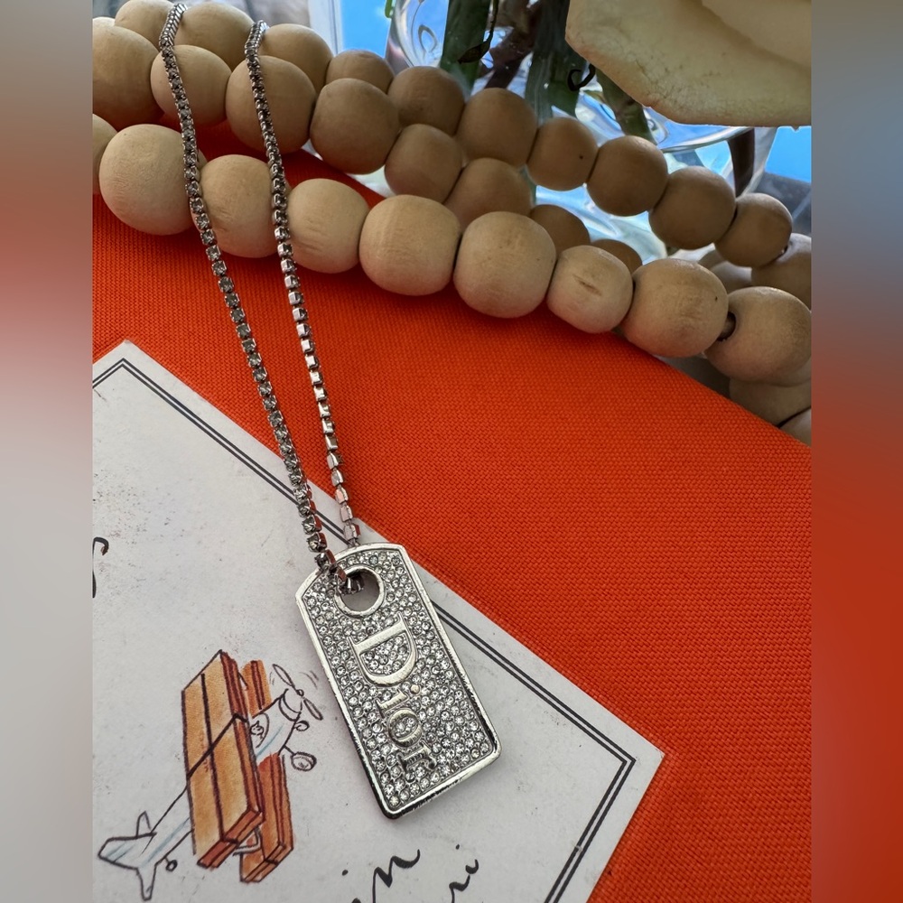 CHRISTIAN DIOR Silver Rhinestone Dog Tag Necklace. Vintage John Galliano 1990s. - Picture 6 of 13